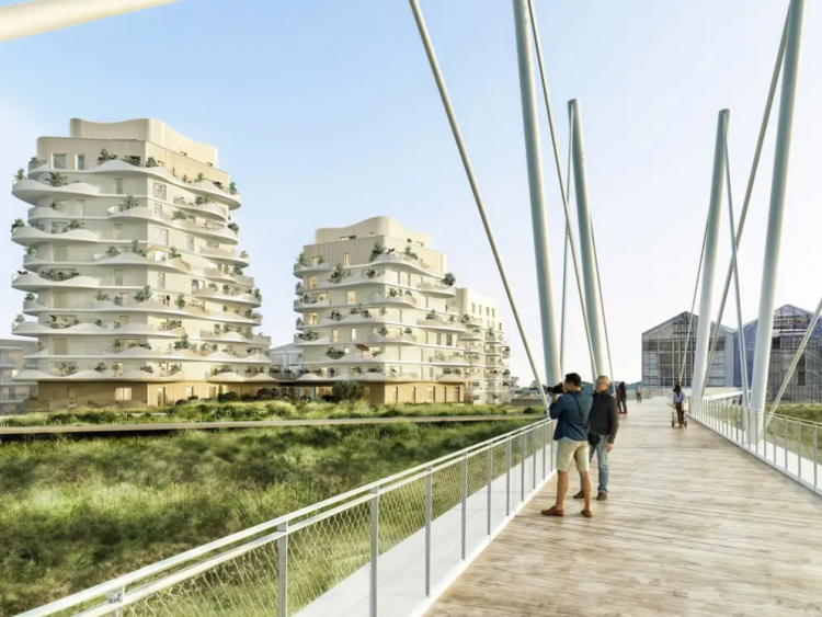 Le projet Hoya, avec ses trois bâtiments et ses espaces verts, sintègre harmonieusement dans le paysage de la ZAC du Grand Large à Dunkerque.